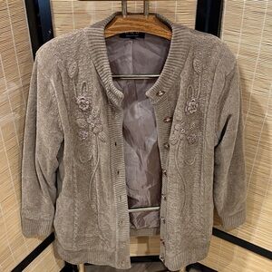 Beaded Taupe Chenille Cardigan